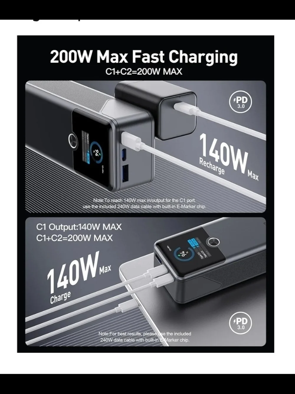 Laptop Power Bank 20000mAh 3-Port USB-C Portable Charger Fast Charging